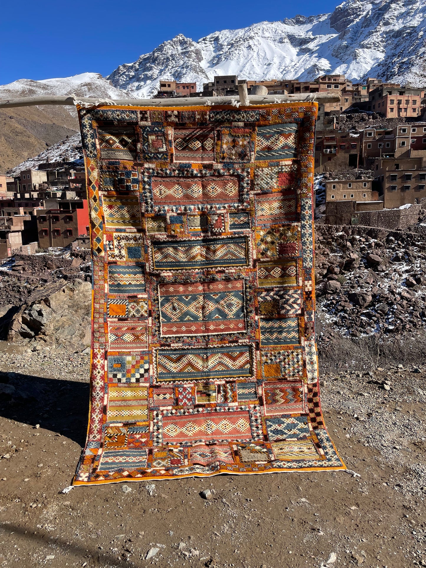 Vintage Moroccan Glaoui Rug 8.4 x 5 ft (255 x 153 cm) – Handwoven Berber Patchwork Wool Carpet, Tribal Geometric Area Rug