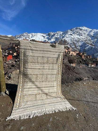 Handmade Moroccan Berber Kilim Rug – Ivory & Black Wool Area Rug 9.8 x 6.5 ft (300 x 200 cm)