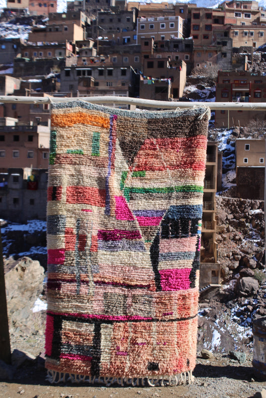Vintage Boujad Moroccan Rug – Handmade Berber Wool Rug 6.7 x 3.9 ft | Colorful Abstract Design