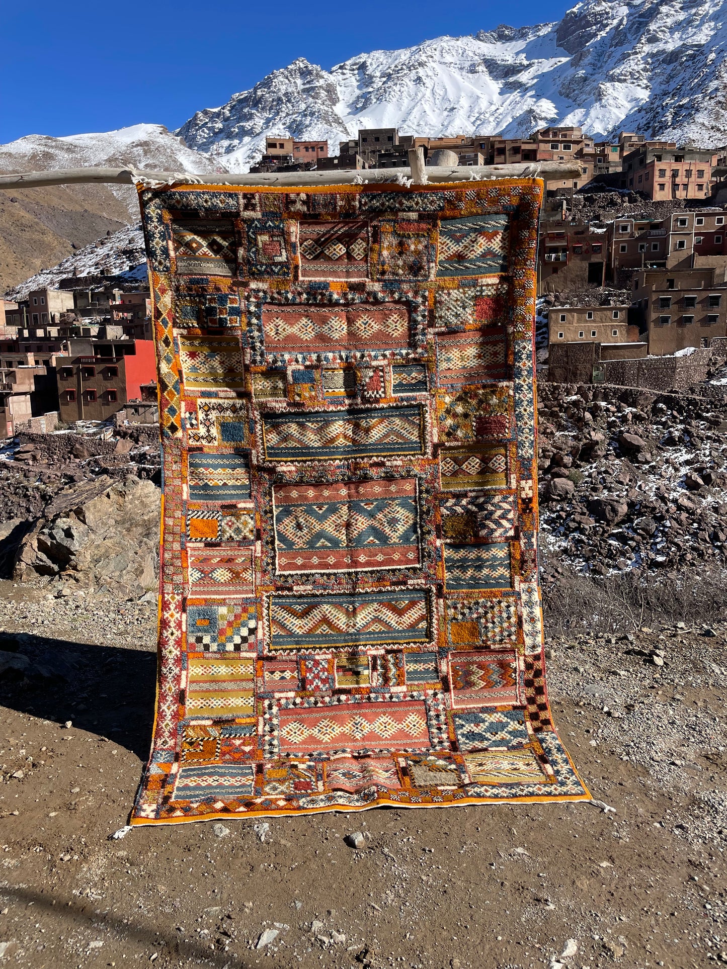 Vintage Moroccan Glaoui Rug 8.4 x 5 ft (255 x 153 cm) – Handwoven Berber Patchwork Wool Carpet, Tribal Geometric Area Rug